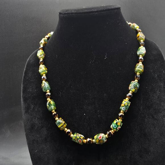 Vintage Teng Yue Green Millefiori Glass Beaded Necklace Floral - Picture 7 of 10